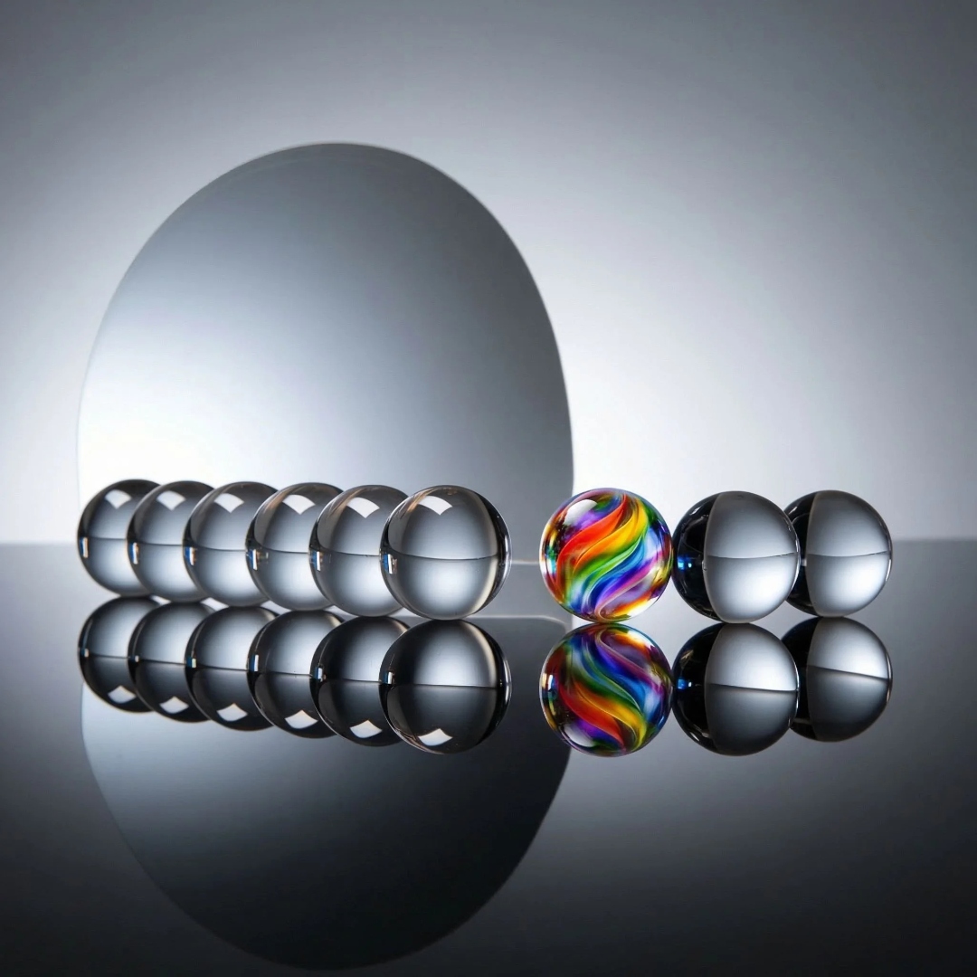 A single rainbow marble among silver marbles